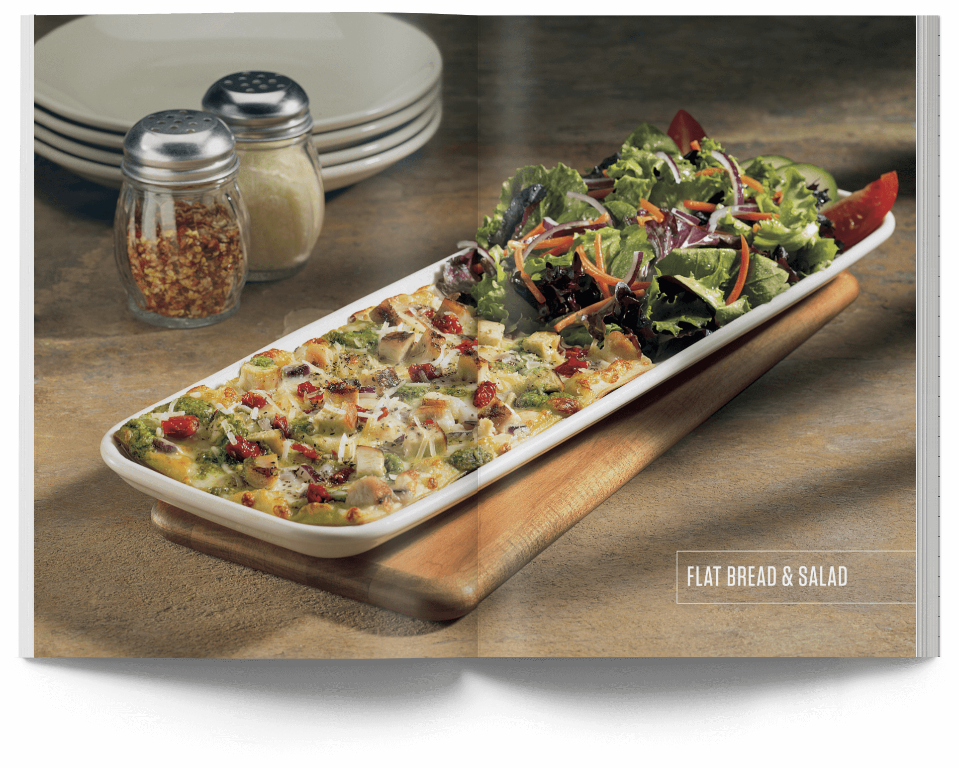 Pizza and salad book spread